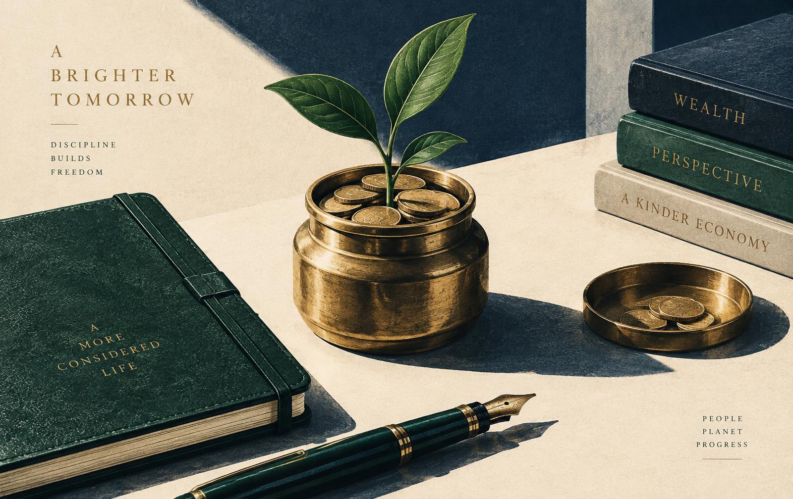 A brass jar of coins with a green sprout beside a notebook and fountain pen